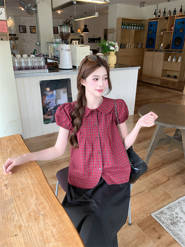 Korean Sweet Plaid Shirt Women Summer Doll Collar Loose Fashion Set - Image 2