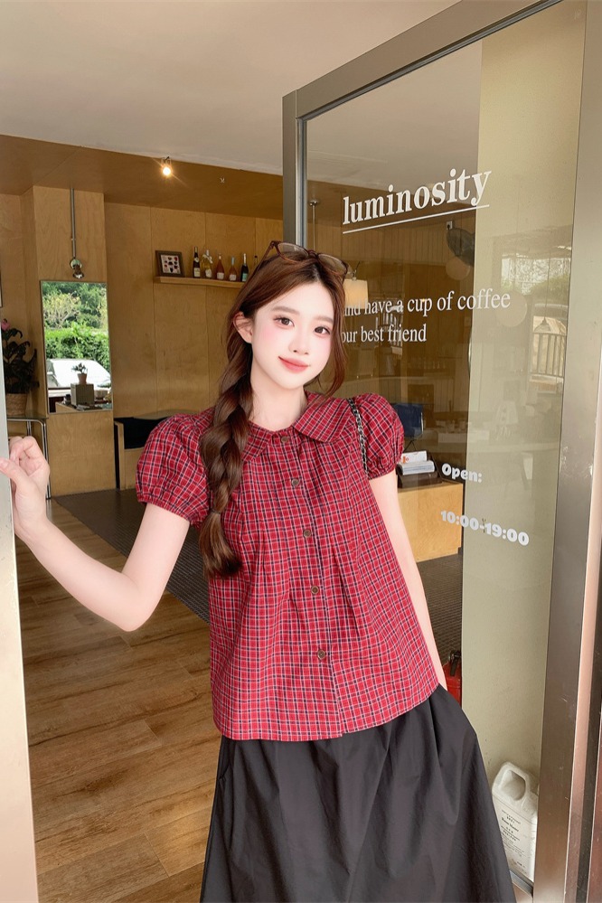 Korean Sweet Plaid Shirt Women Summer Doll Collar Loose Fashion Set - Image 5