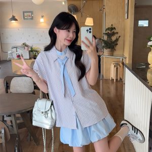 Women's Summer 3-Piece Set Short Sleeve Tie Shirt and Bubble Skirt