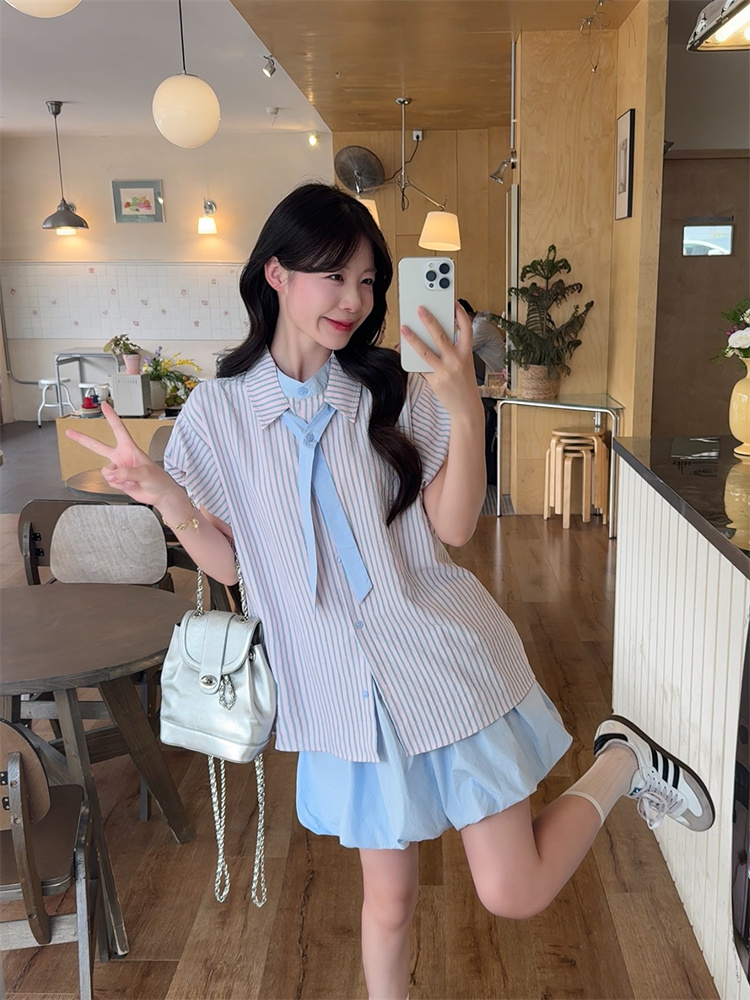 Women's Summer 3-Piece Set Short Sleeve Tie Shirt and Bubble Skirt