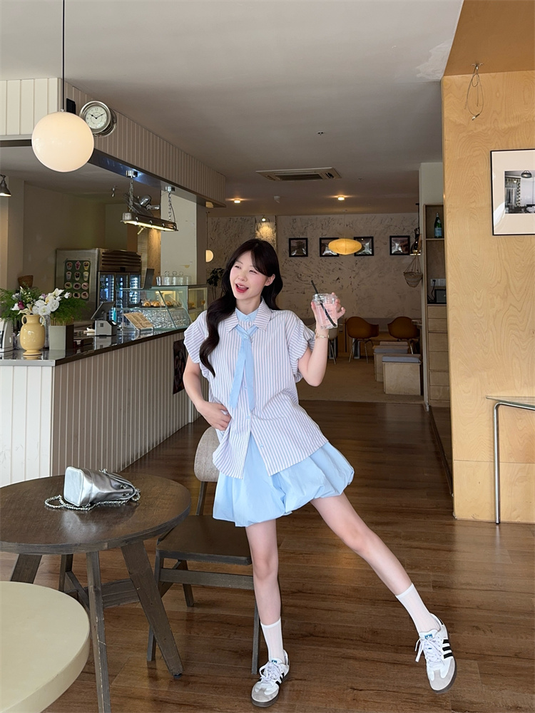 Women's Summer 3-Piece Set Short Sleeve Tie Shirt and Bubble Skirt - Image 2