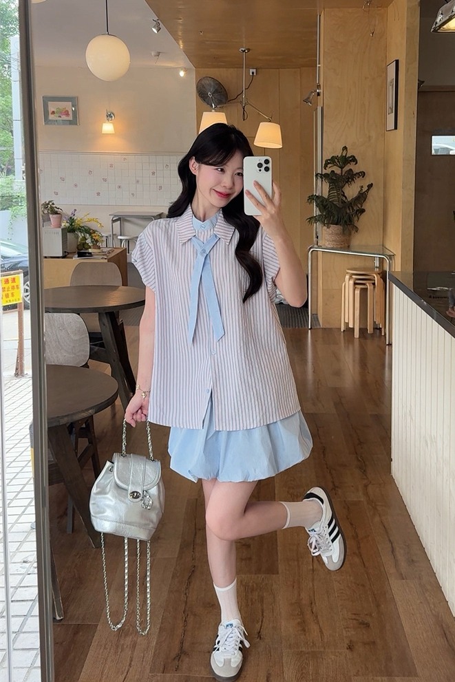 Women's Summer 3-Piece Set Short Sleeve Tie Shirt and Bubble Skirt - Image 5