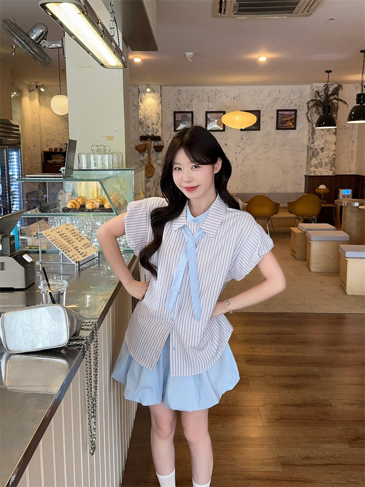 Women's Summer 3-Piece Set Short Sleeve Tie Shirt and Bubble Skirt - Image 4