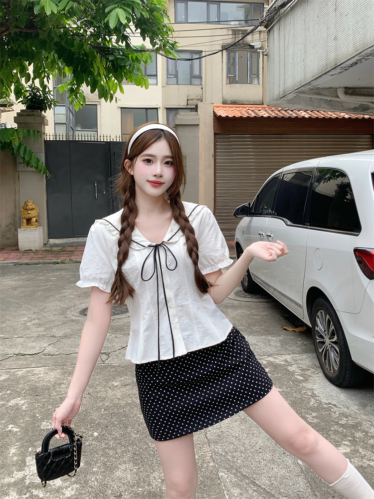 Women's Navy Collar Tie Short Sleeve Shirt and Polka Dot Skirt Set - Style 9a9d15 - Image 4
