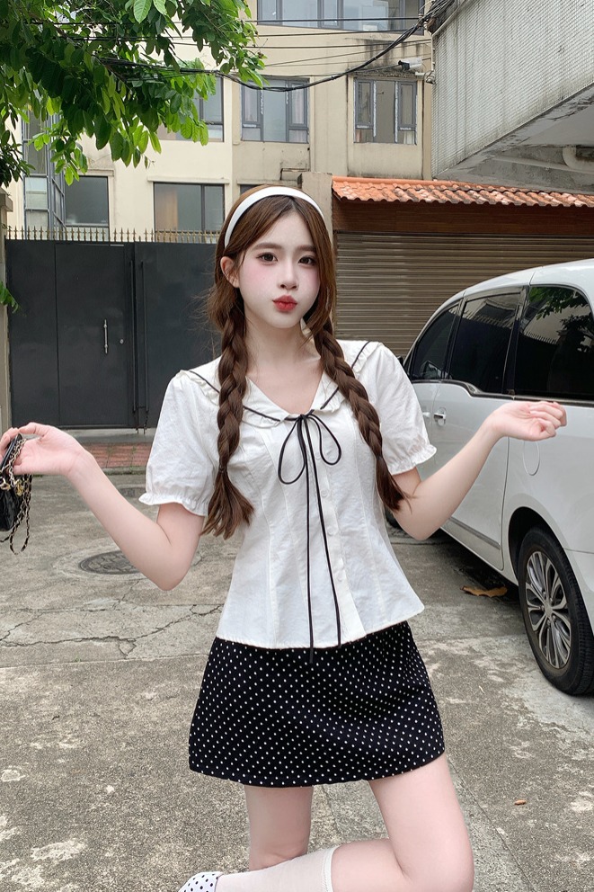 Women's Navy Collar Tie Short Sleeve Shirt and Polka Dot Skirt Set - Style 9a9d15 - Image 5