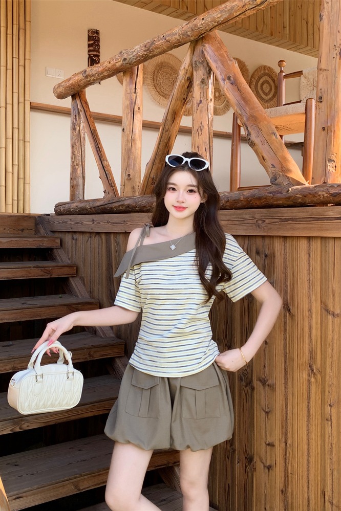 2026 Summer Color Block Short Sleeve Shorts Set - Image 5