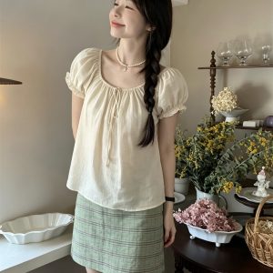 Women's Square Neck Puff Sleeve Short Sleeve Shirt Gentle Style