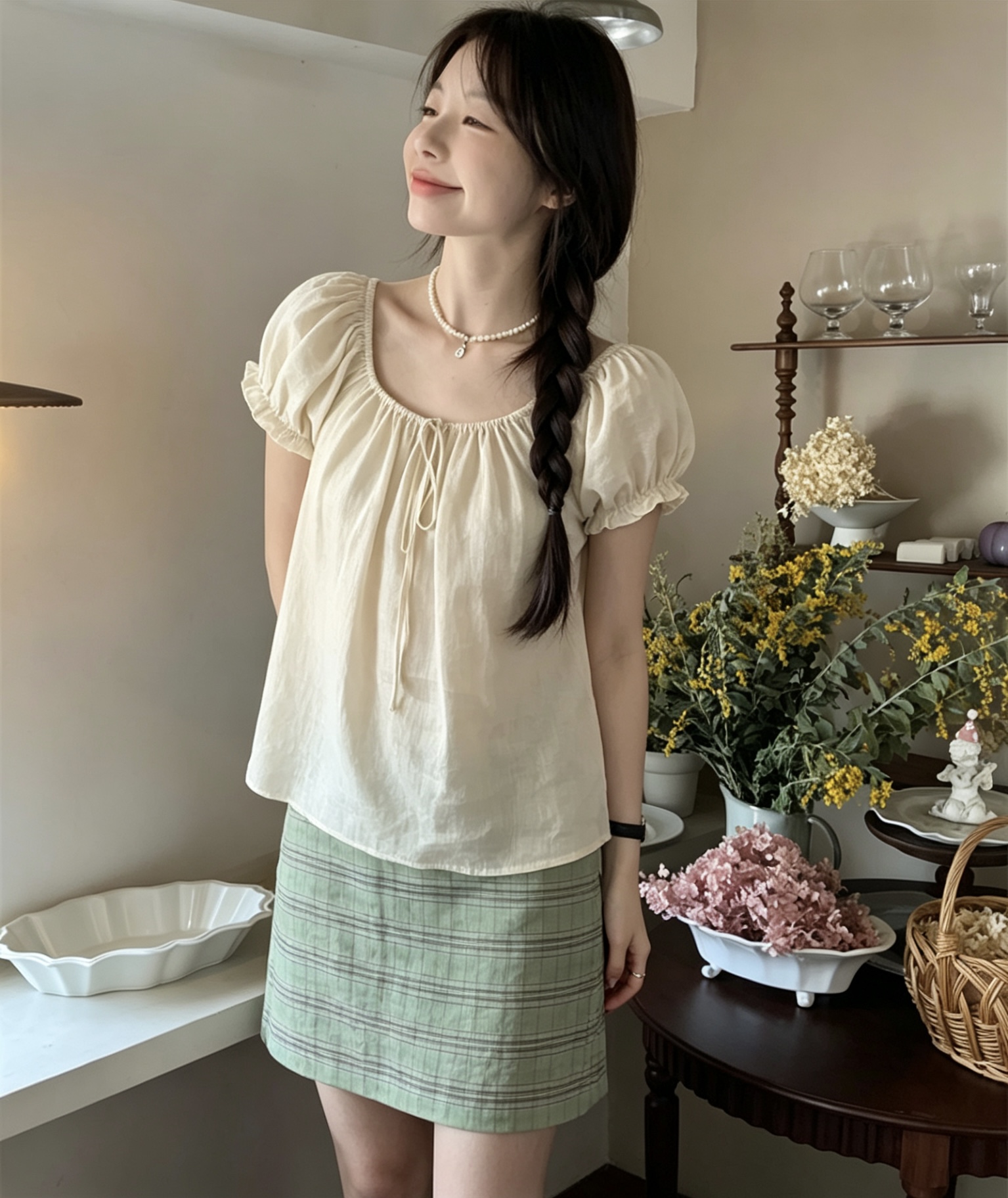 Women's Square Neck Puff Sleeve Short Sleeve Shirt Gentle Style