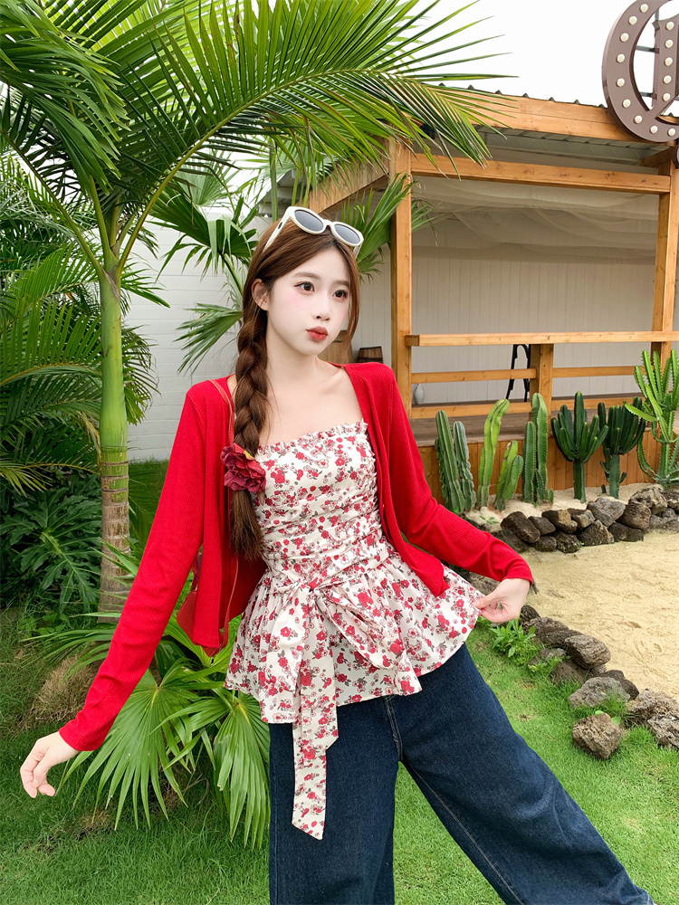 French Vintage Floral Cami Knit Cardigan Two-Piece Set for Women Summer Slimming - Style f64700 - Image 4