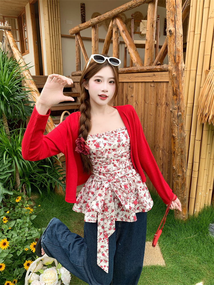 French Vintage Floral Cami Knit Cardigan Two-Piece Set for Women Summer Slimming - Style f64700 - Image 2