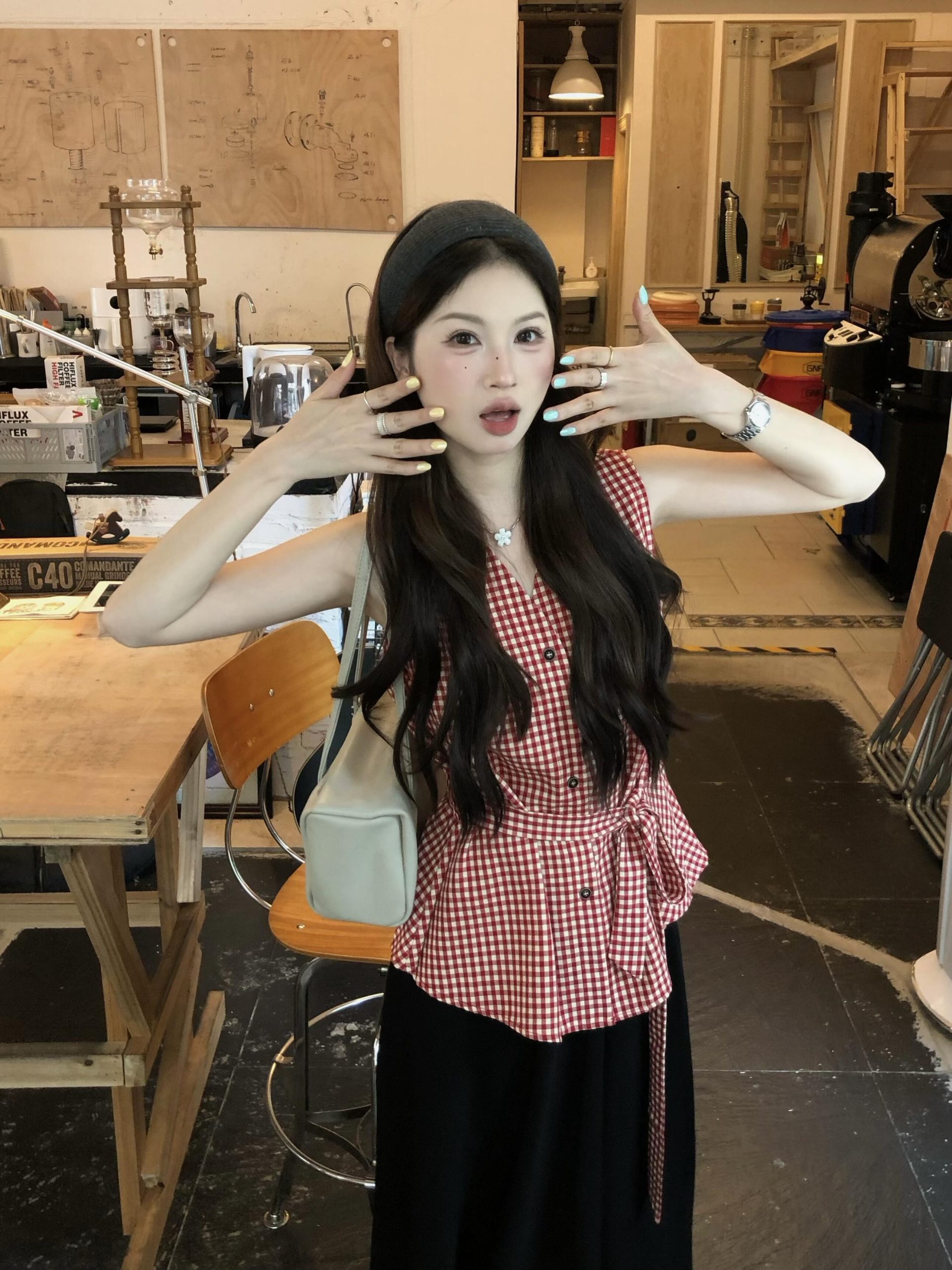 Sweet Retro Red Plaid Lace-Up Waist Sleeveless V-Neck Tank Shirt - Image 3