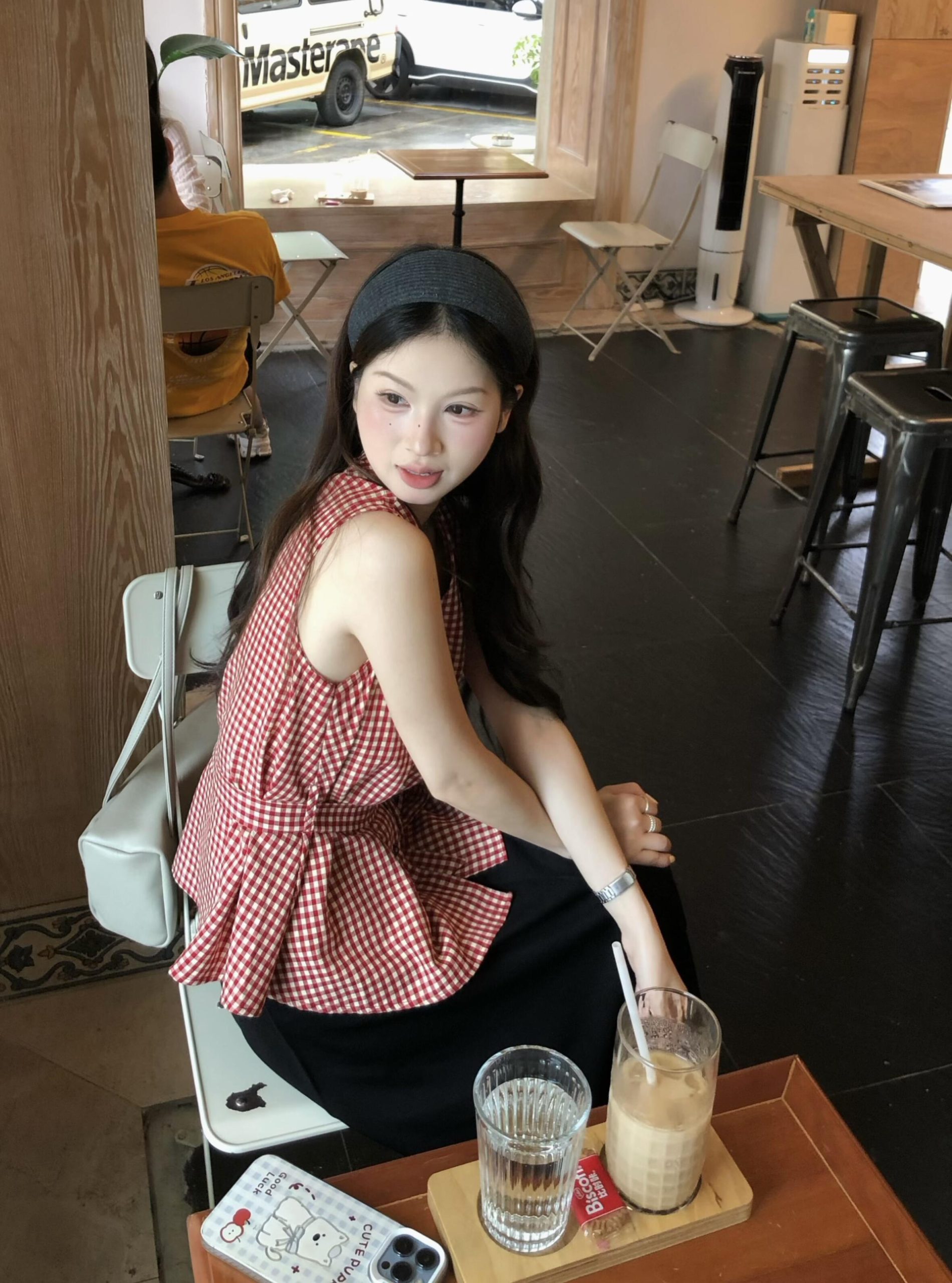 Sweet Retro Red Plaid Lace-Up Waist Sleeveless V-Neck Tank Shirt - Image 4