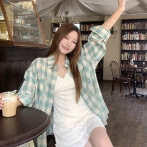 Sweet Plaid Sun Protection Shirt and A-Line Cami Dress Set