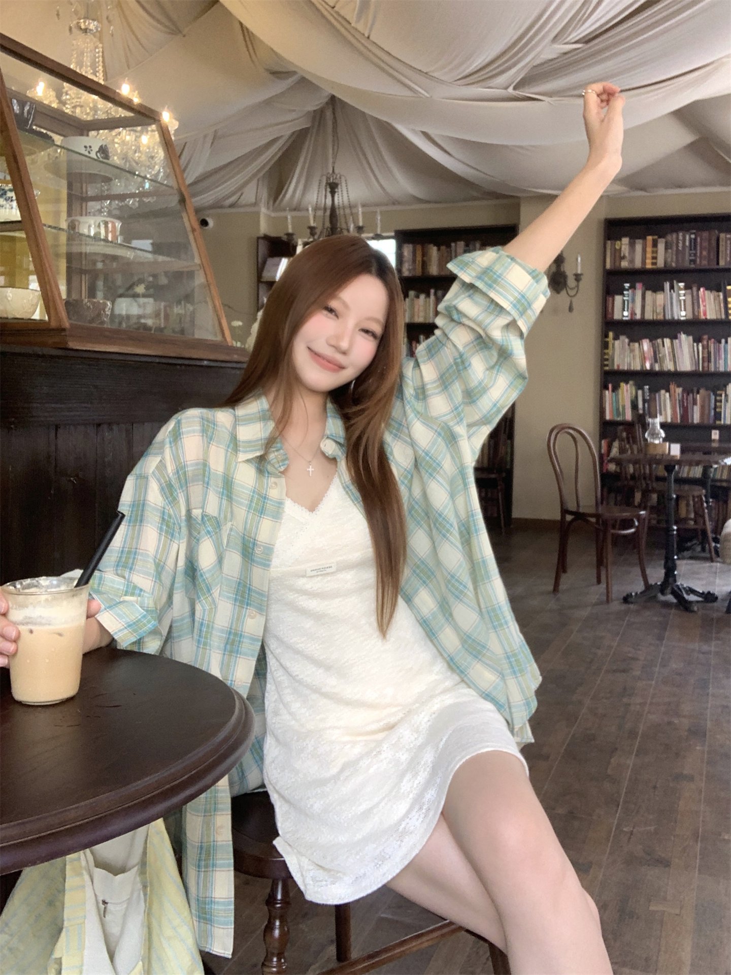Sweet Plaid Sun Protection Shirt and A-Line Cami Dress Set