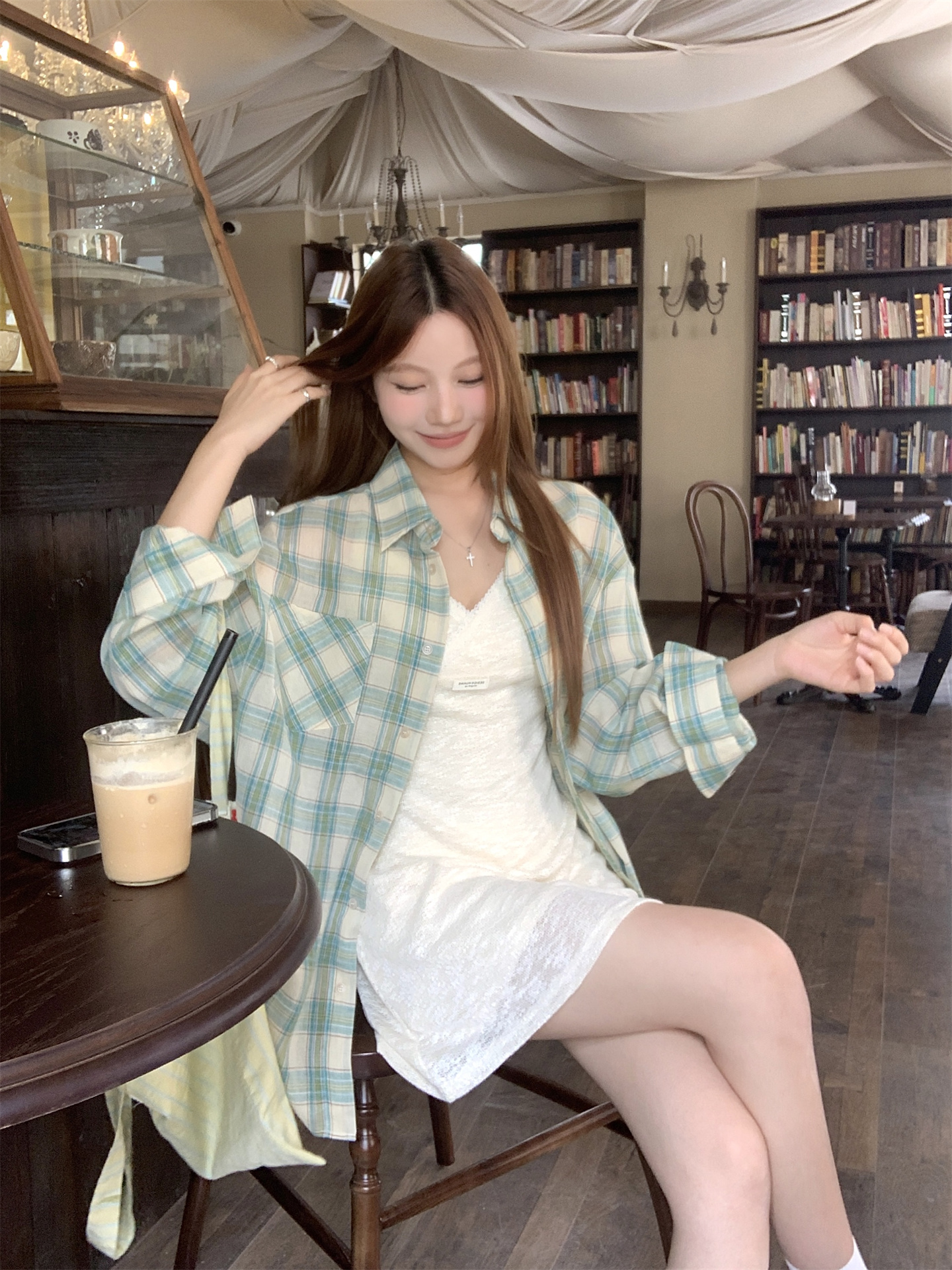 Sweet Plaid Sun Protection Shirt and A-Line Cami Dress Set - Image 2
