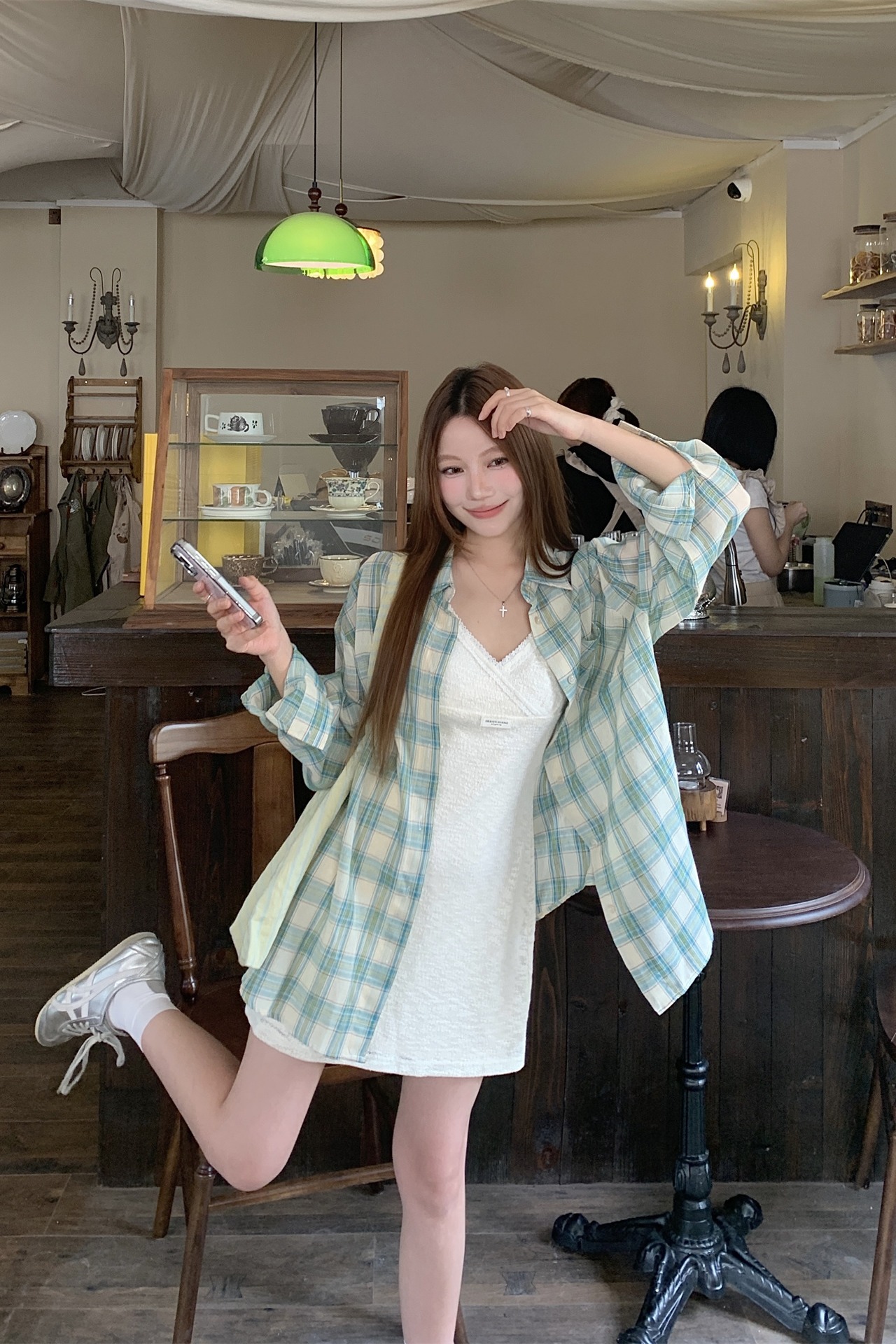 Sweet Plaid Sun Protection Shirt and A-Line Cami Dress Set - Image 5