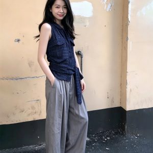 Plus Size Korean Style Sleeveless Plaid Vest with Polo Collar and Waist Tie