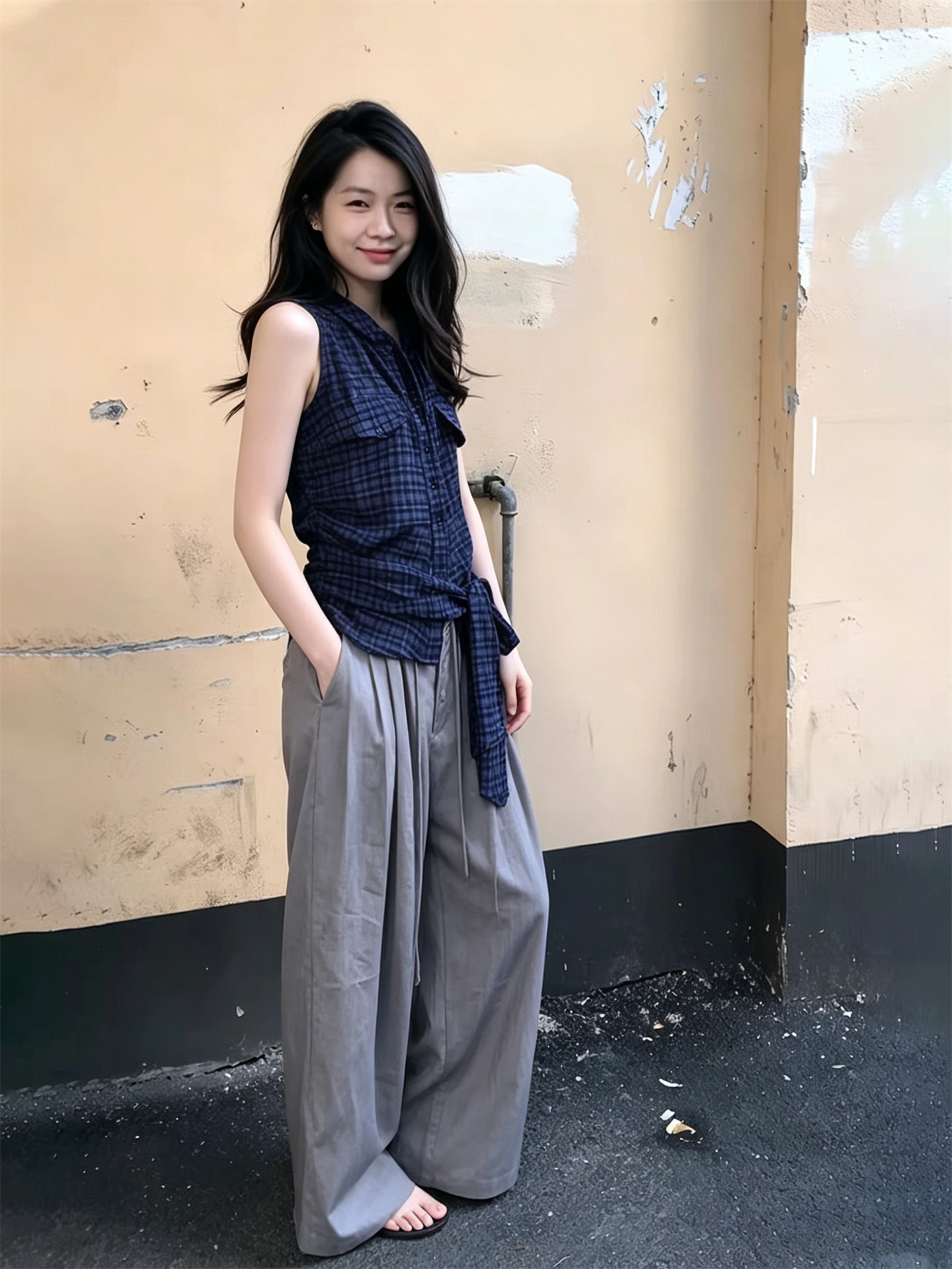 Plus Size Korean Style Sleeveless Plaid Vest with Polo Collar and Waist Tie