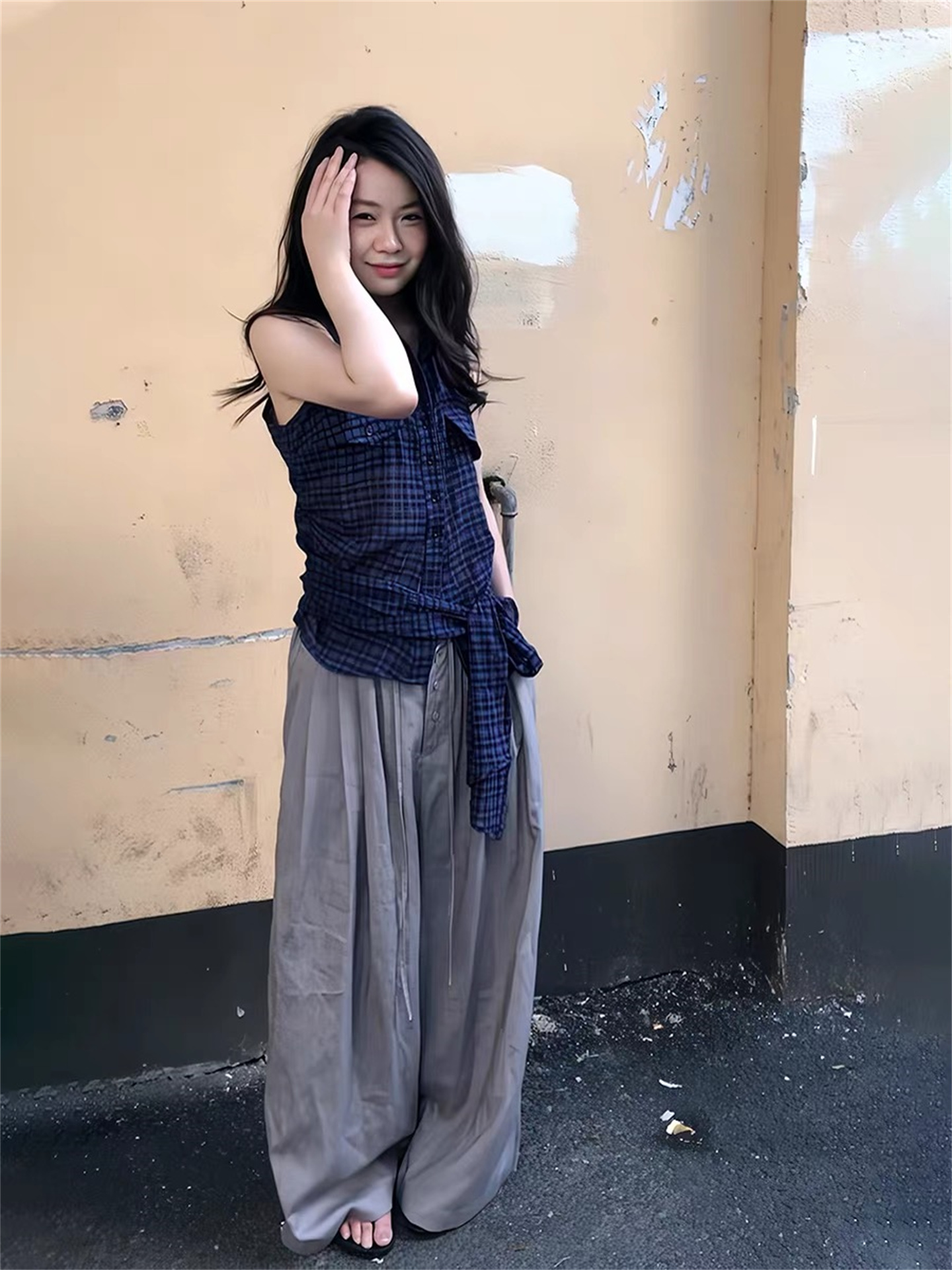 Plus Size Korean Style Sleeveless Plaid Vest with Polo Collar and Waist Tie - Image 4