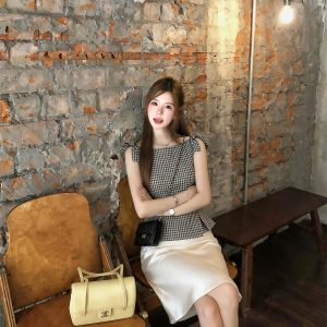 French Retro Sleeveless Plaid Shirt and Satin A-Line Mermaid Skirt Set