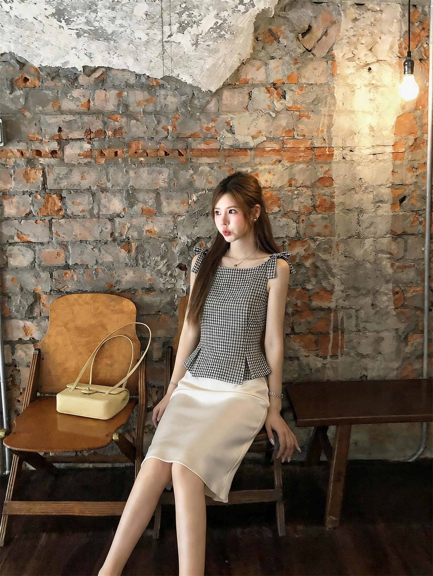 French Retro Sleeveless Plaid Shirt and Satin A-Line Mermaid Skirt Set - Image 3