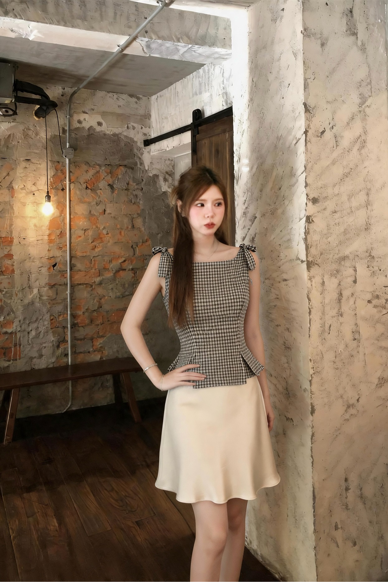 French Retro Sleeveless Plaid Shirt and Satin A-Line Mermaid Skirt Set - Image 5