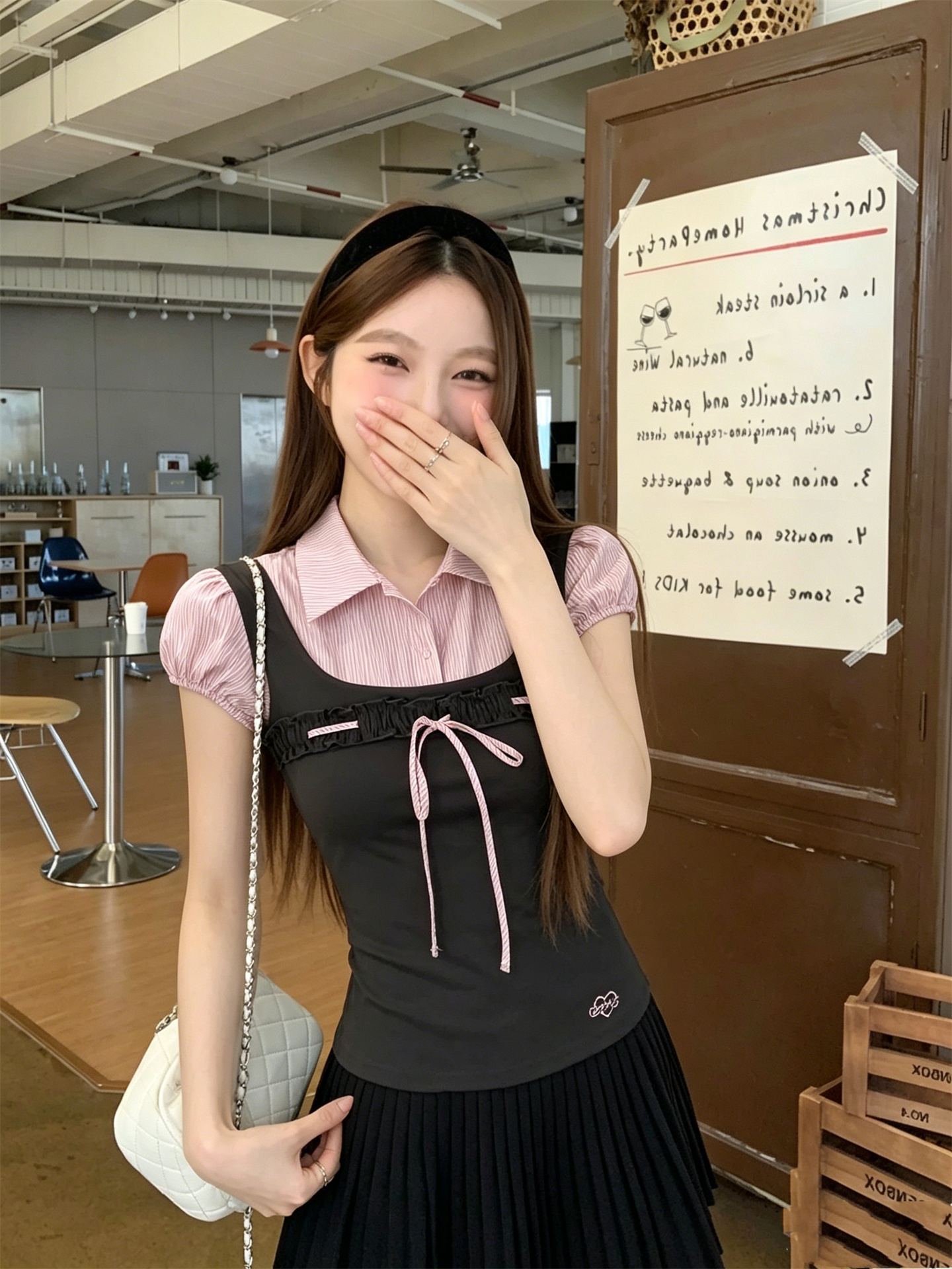 Sweet Contrast Colorblock Faux Two-Piece Puff Sleeve Shirt