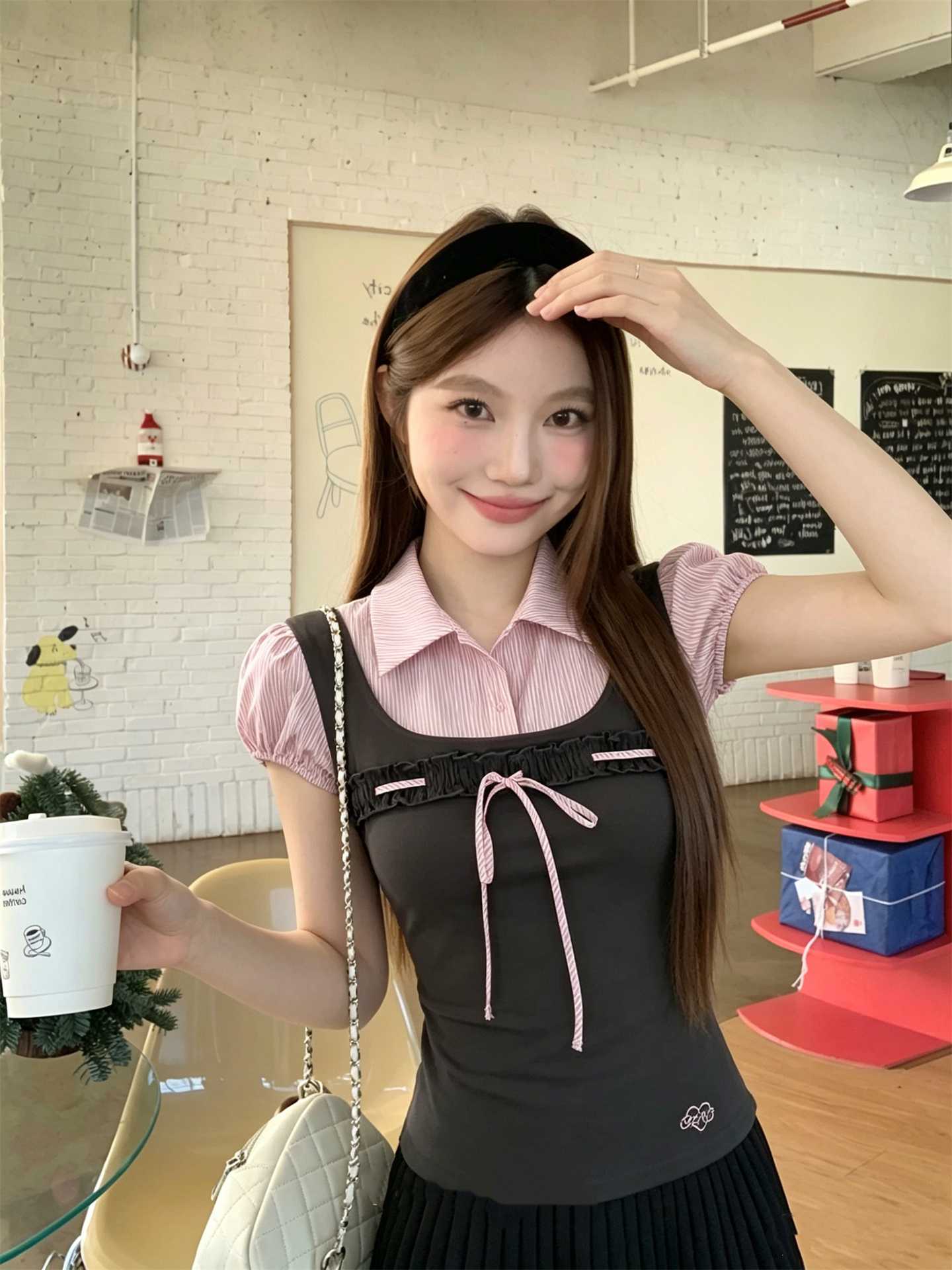 Sweet Contrast Colorblock Faux Two-Piece Puff Sleeve Shirt - Image 3