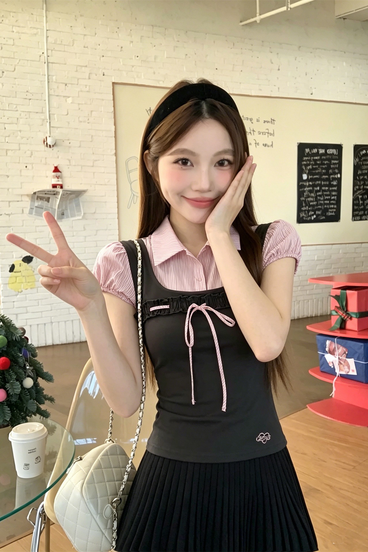 Sweet Contrast Colorblock Faux Two-Piece Puff Sleeve Shirt - Image 5