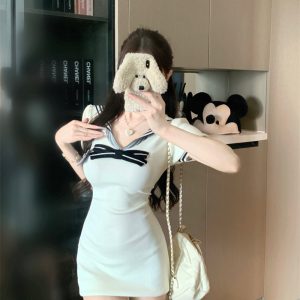 Korean Sweet Sailor Collar Short Sleeve Bodycon Dress for Women Summer Slimming