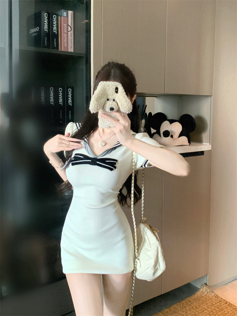 Korean Sweet Sailor Collar Short Sleeve Bodycon Dress for Women Summer Slimming