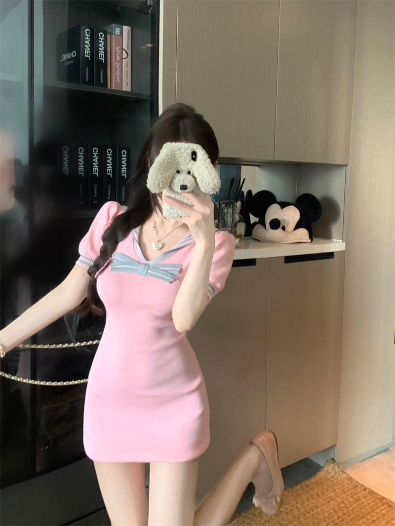 Korean Sweet Sailor Collar Short Sleeve Bodycon Dress for Women Summer Slimming - Image 2