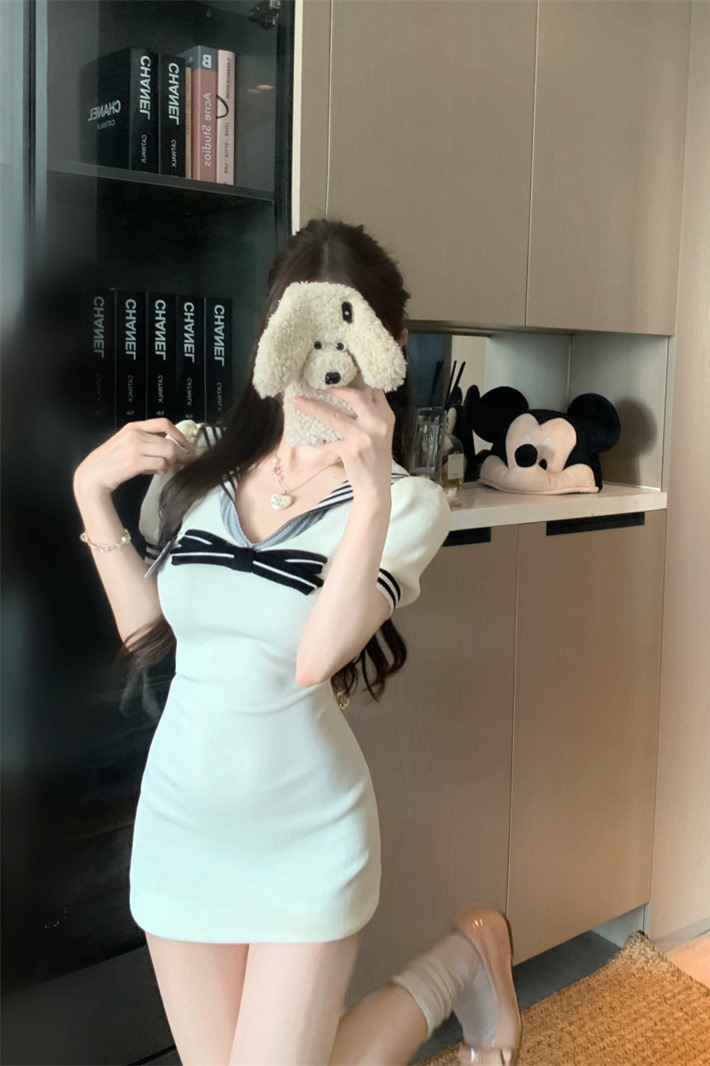 Korean Sweet Sailor Collar Short Sleeve Bodycon Dress for Women Summer Slimming - Image 5
