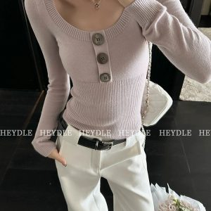 Button-Design U-Neck Knit Sweater Short Slim Fit Pullover Base Layer