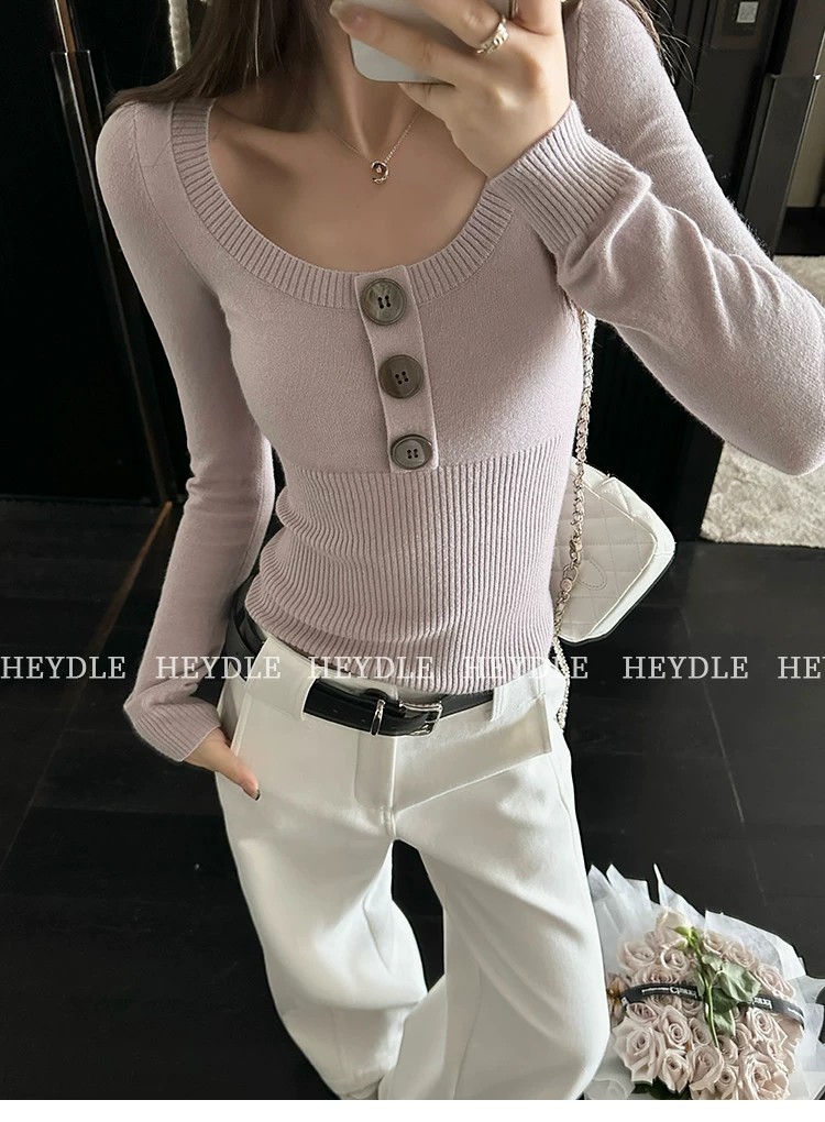 Button-Design U-Neck Knit Sweater Short Slim Fit Pullover Base Layer