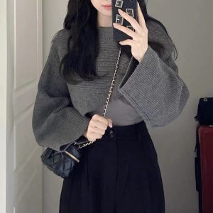 Women's V-Neck Pullover Knit Sweater Short Slim Fit Solid Color Commuter Style
