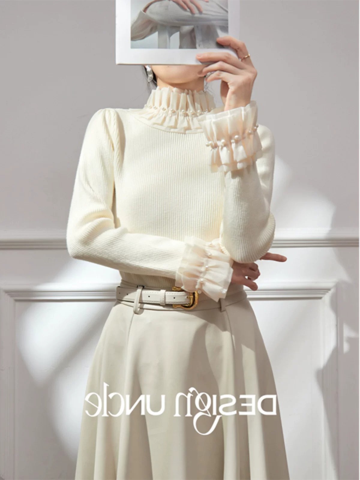 Women's High Neck Knit Sweater French Style Slim Fit Long Sleeve Pullover - Image 3
