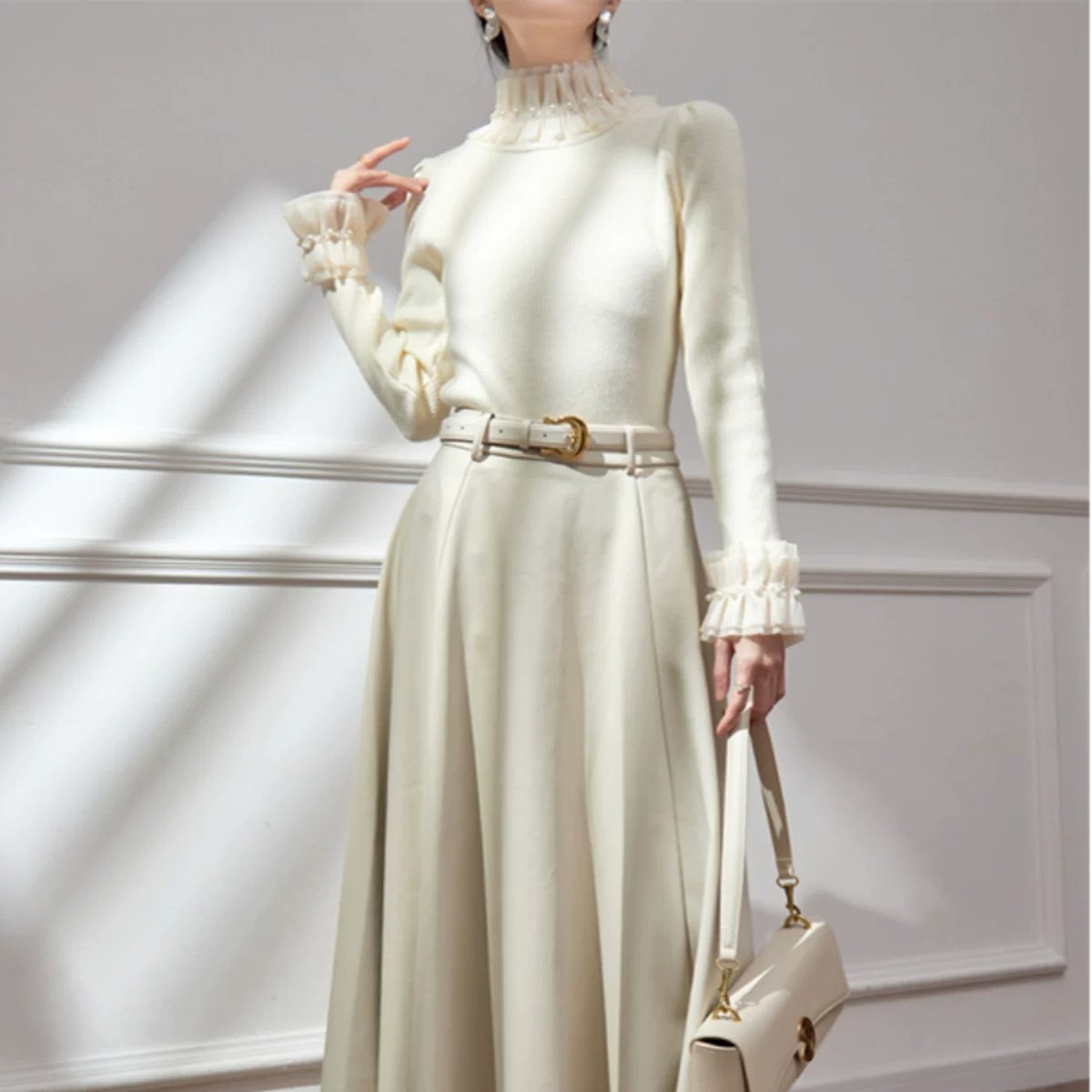 Women's High Neck Knit Sweater French Style Slim Fit Long Sleeve Pullover - Image 5
