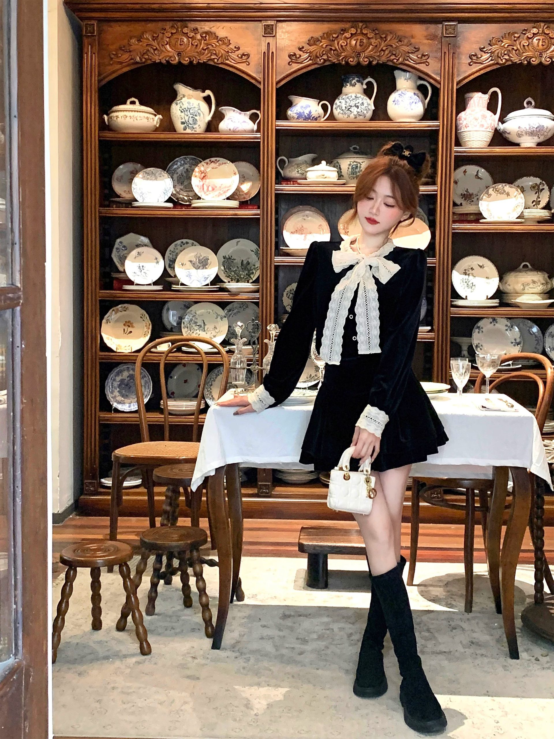 Black Velvet Knit Sweater Set Vintage Style Fall 2026 - Image 4