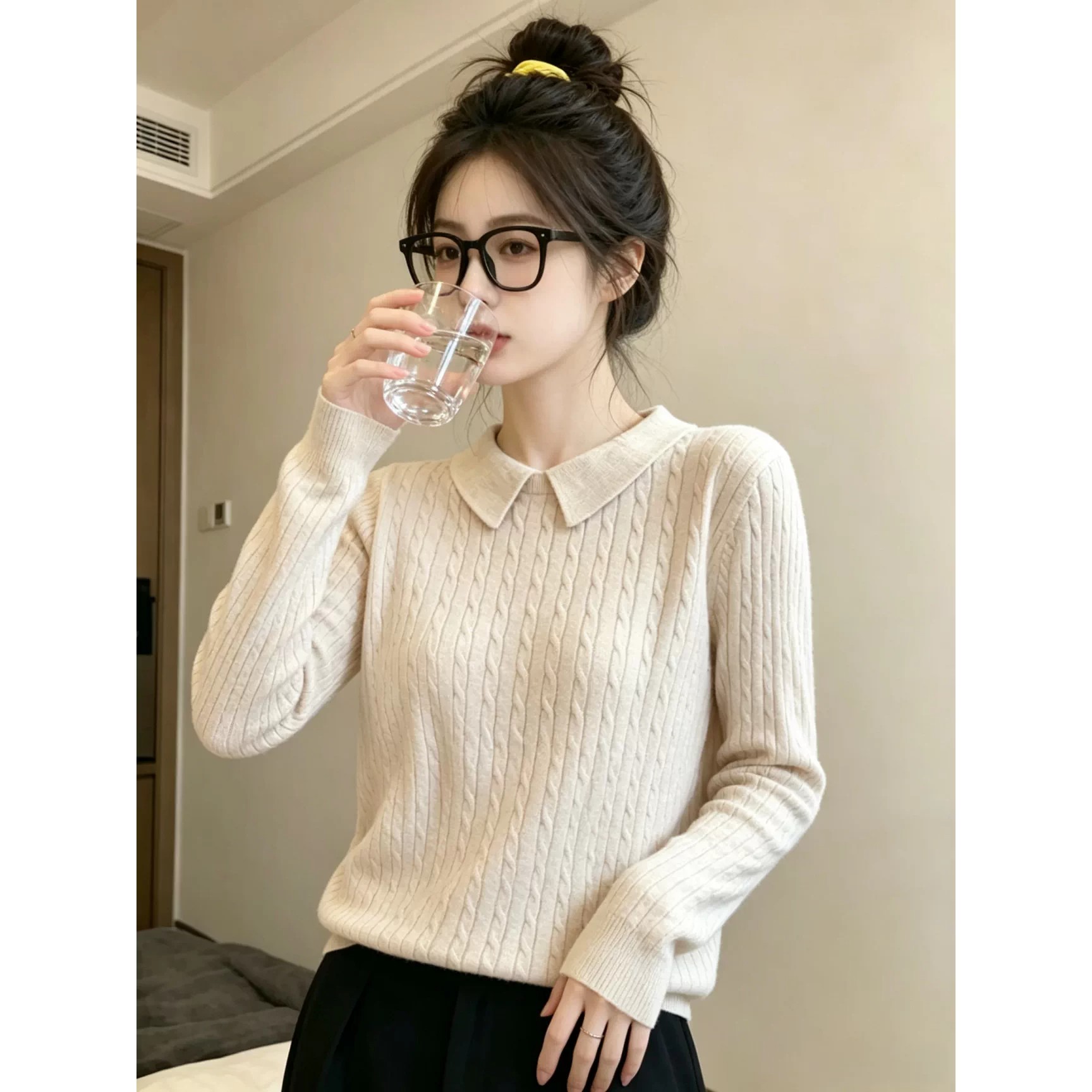 Women's French Lazy Style Polo Neck Knit Sweater Long Sleeve Commuter Soft Slim Fit Solid Top - Image 5
