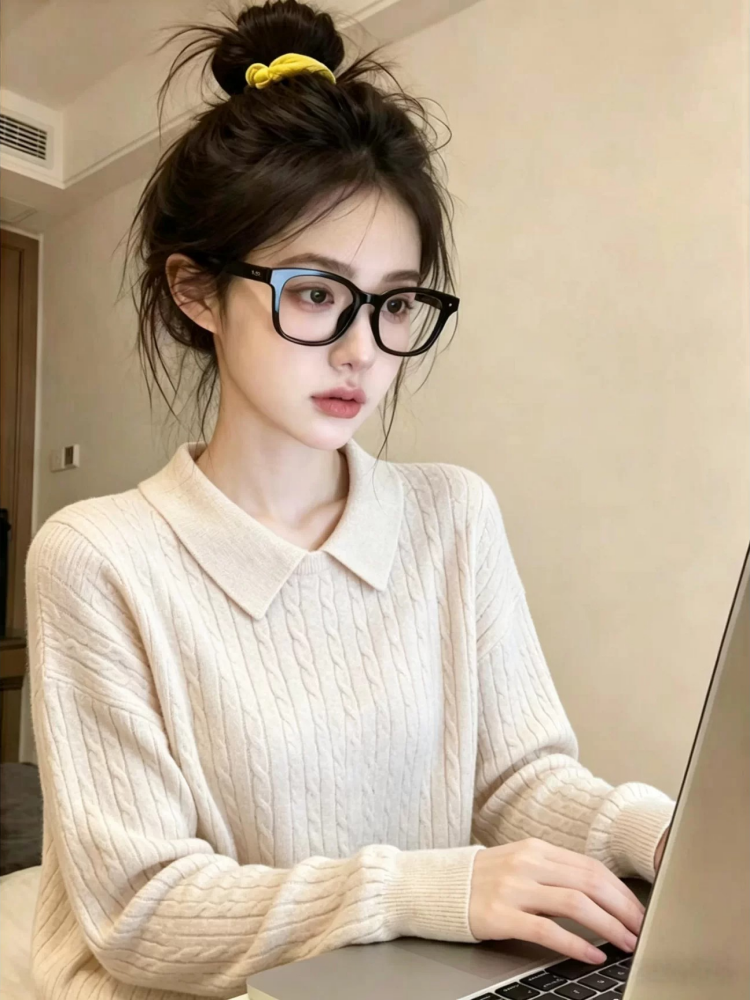 Women's French Lazy Style Polo Neck Knit Sweater Long Sleeve Commuter Soft Slim Fit Solid Top