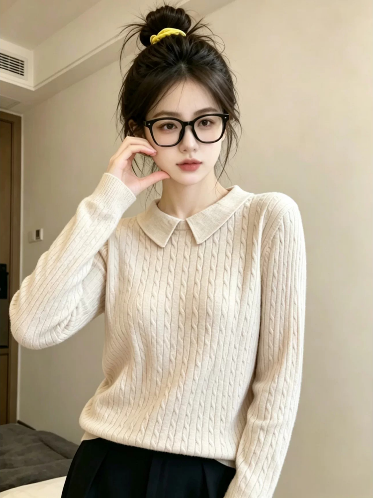 Women's French Lazy Style Polo Neck Knit Sweater Long Sleeve Commuter Soft Slim Fit Solid Top - Image 2