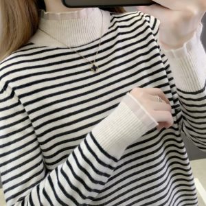 Women's Striped Lace Mock Neck Knit Base Layer Top 2026 Spring Autumn Loose Slimming Sweater