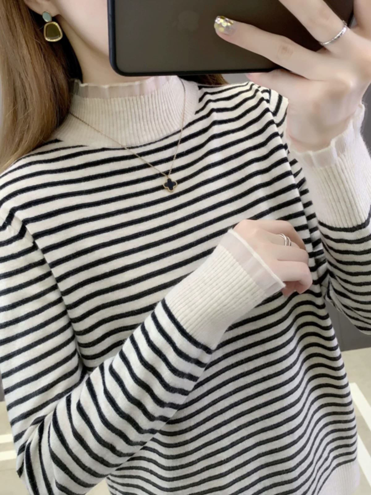 Women's Striped Lace Mock Neck Knit Base Layer Top 2026 Spring Autumn Loose Slimming Sweater