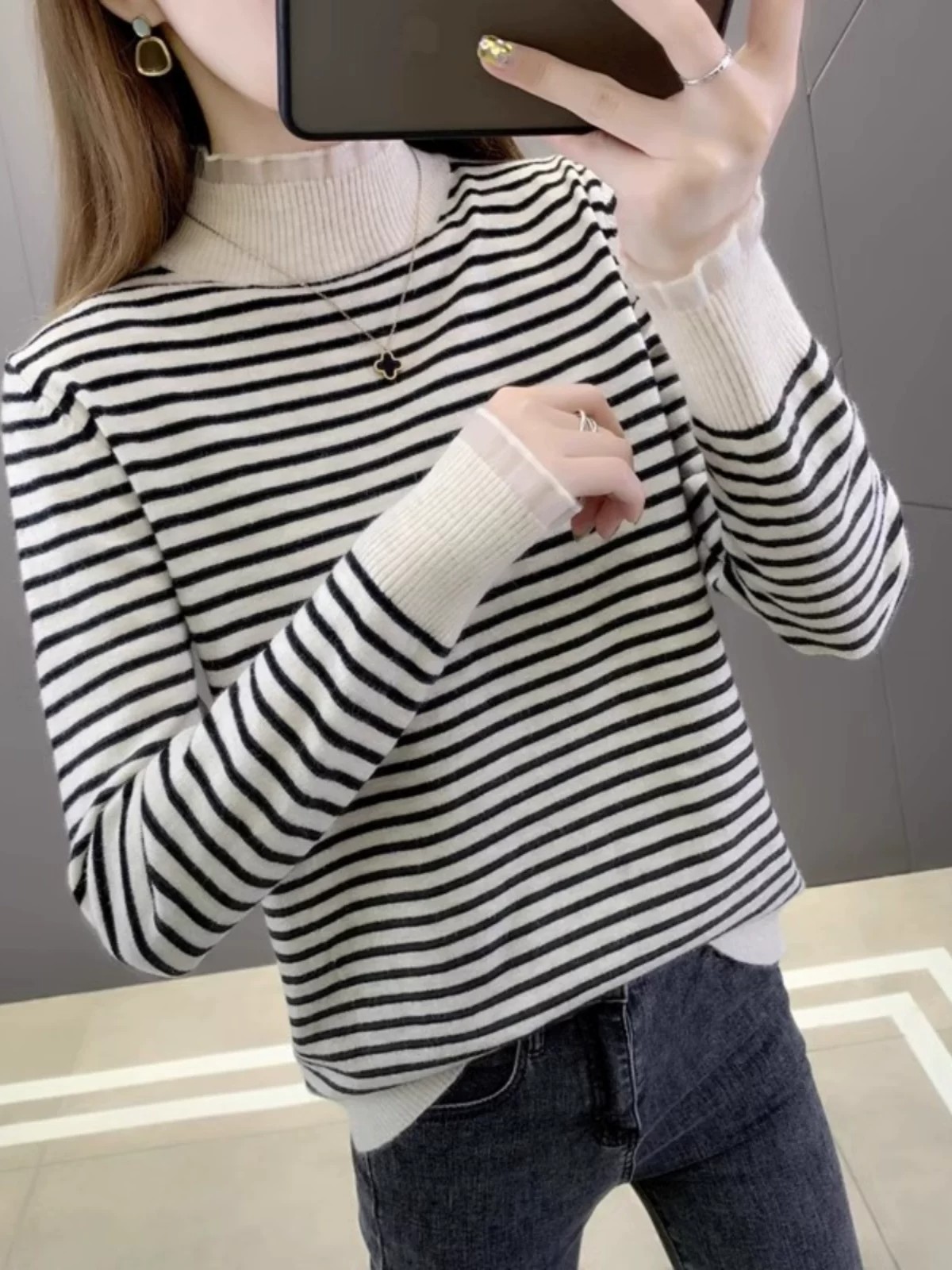 Women's Striped Lace Mock Neck Knit Base Layer Top 2026 Spring Autumn Loose Slimming Sweater - Image 3