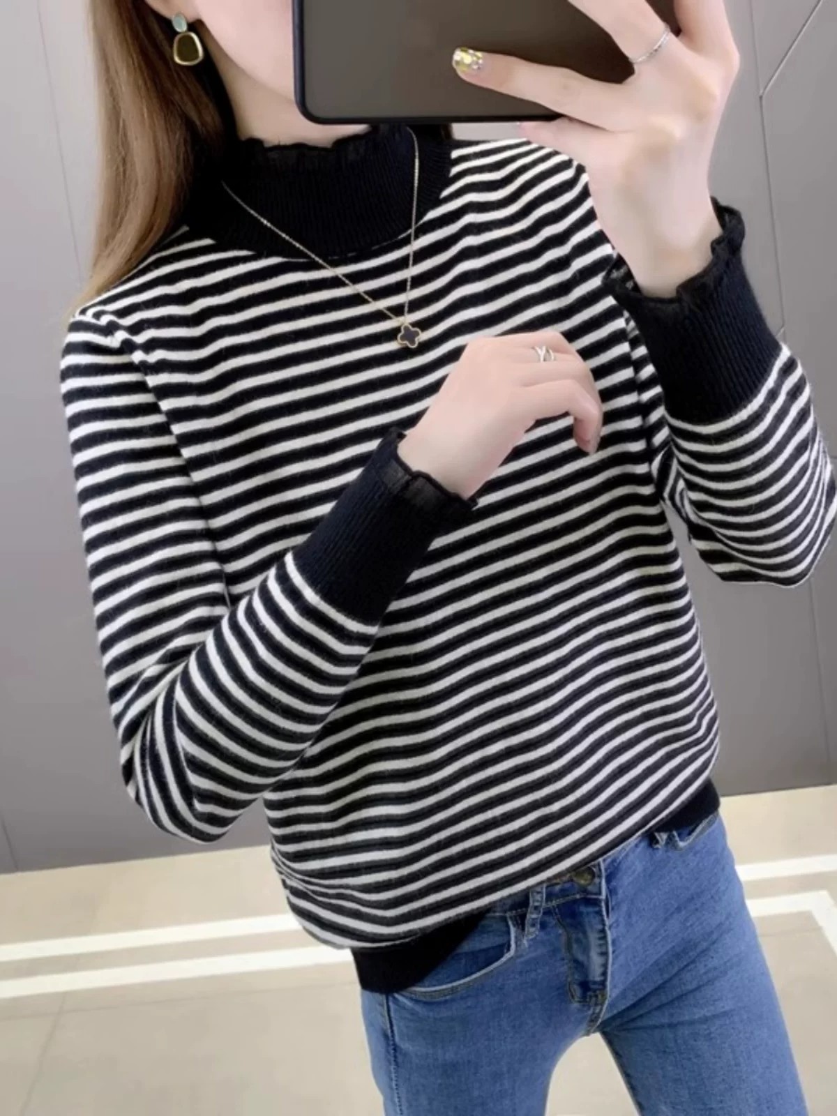 Women's Striped Lace Mock Neck Knit Base Layer Top 2026 Spring Autumn Loose Slimming Sweater - Image 2