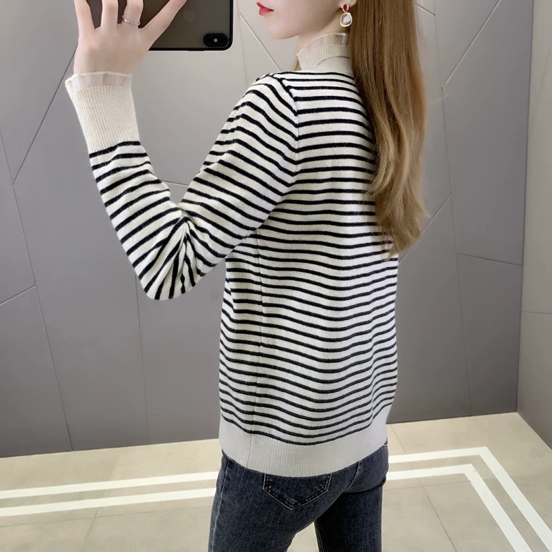 Women's Striped Lace Mock Neck Knit Base Layer Top 2026 Spring Autumn Loose Slimming Sweater - Image 5