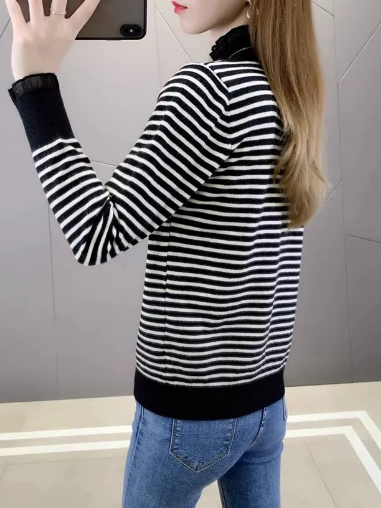 Women's Striped Lace Mock Neck Knit Base Layer Top 2026 Spring Autumn Loose Slimming Sweater - Image 4