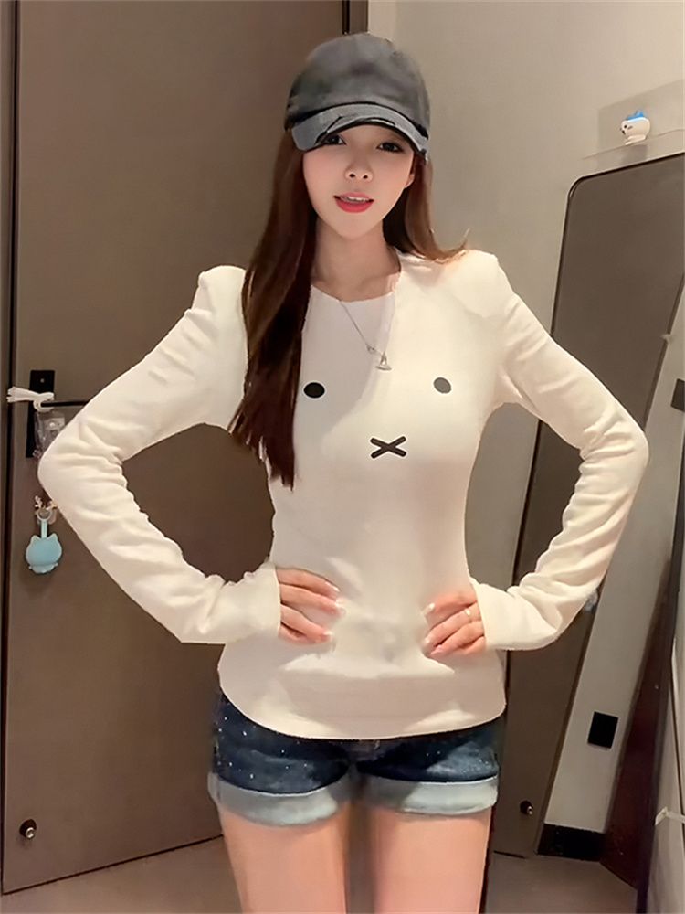 White Crew Neck Long Sleeve T-Shirt Women's Polyester Knit Top - Image 3