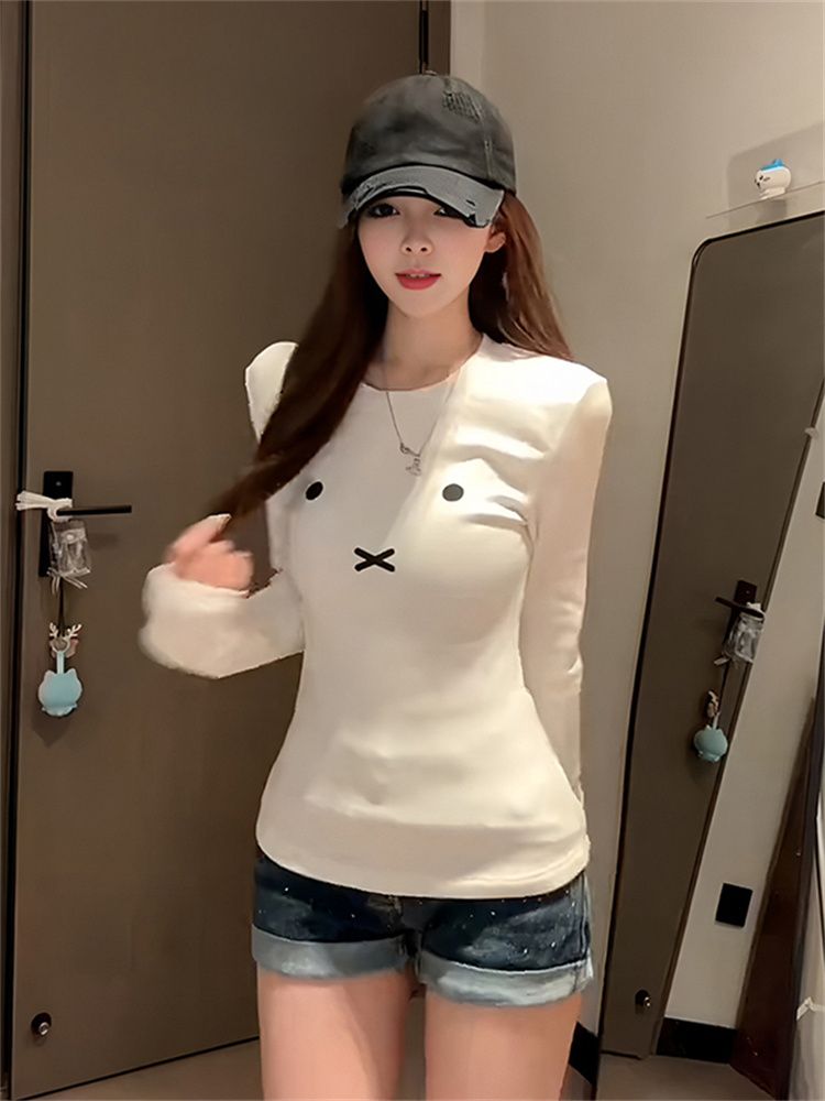 White Crew Neck Long Sleeve T-Shirt Women's Polyester Knit Top - Image 2